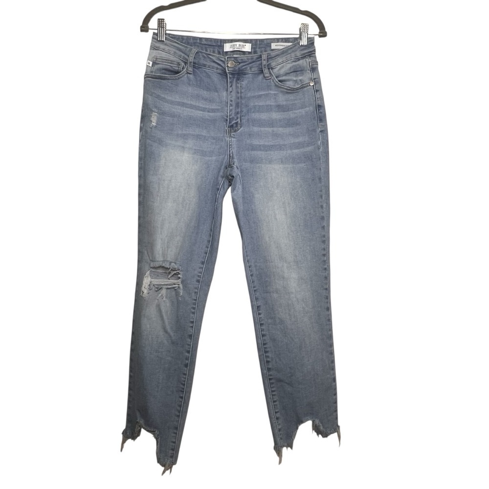 Judy Blue Jeans Boyfriend Fit Womens Size 9/29 Blue Stretch Distressed Raw Hem